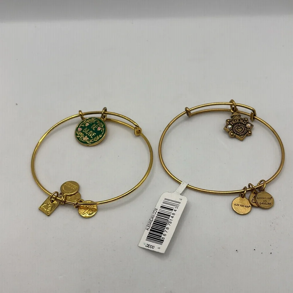 Alex and Ani gold charm bangle bracelet stretch Friend and Be Brave charms